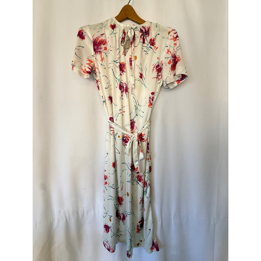 VTG Style Floral Midi Dress White Pink Short Sleeve Tie Back Belted L Homemade